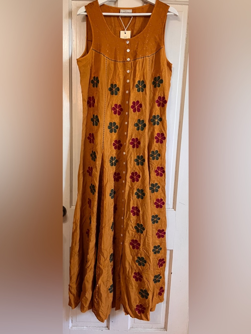 HOLY CLOTHING Embroidered Dark Gold Maxi Dress w Floral Appliqué. NWT
